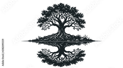 Tableau sur toile Symbolic Tree of Life Silhouette with Reflection on White Background