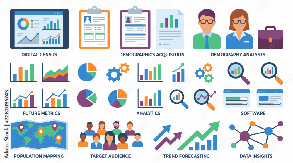 Fototapeta premium Infographic icons for digital census, demographic acquisition, and data analysis.