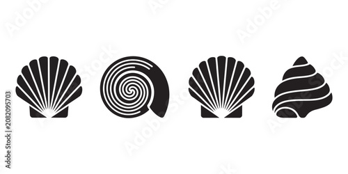 Fényképezés Black seashell icons, four distinct coastal shell silhouettes with clean minimal