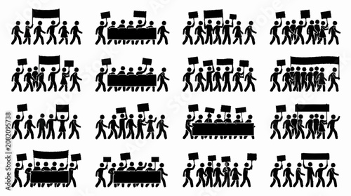 Obraz na płótnie Protest Crowd Silhouette Collection: Marching People with Banners and Signs