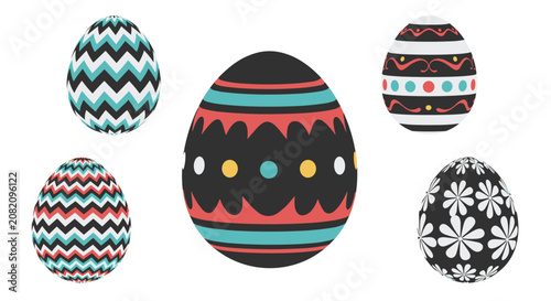 Five uniquely decorated Easter eggs with different patterns and colors including chevrons and floral designs on a white background space.