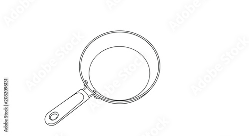 Minimalist black and white outline drawing of a standard frying pan for use in culinary instruction manuals and kitchen equipment designs.