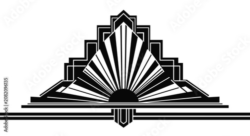 Symmetrical art deco style graphic featuring a black sunburst fan shape and geometric lines for vintage inspired architectural designs.