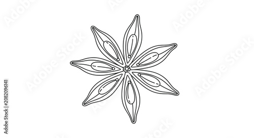 Black and white line drawing of a star anise spice showing the characteristic seed pods arranged in a symmetrical star shape on white.