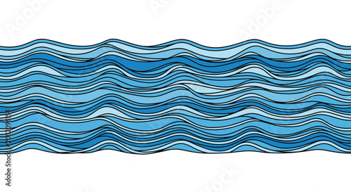 Continuous horizontal pattern of wavy blue lines in various shades representing ocean waves or flowing water for textile design usage.