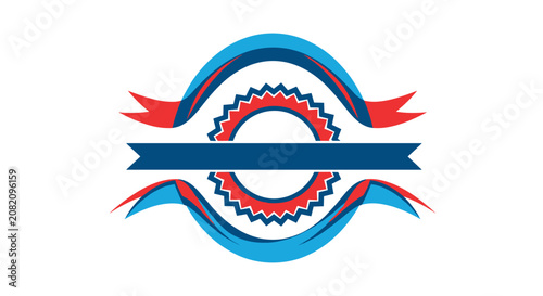 Abstract emblem design featuring red and blue ribbons layered over a serrated circular badge for corporate logos and promotional awards.