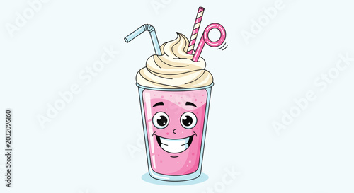 Cheerful cartoon milkshake character with a happy face and pink creamy top with two colorful straws on a light blue background surface.