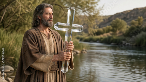 Bearded Man Holding a Crystal Cross