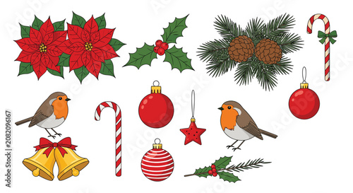 Set of colorful Christmas holiday elements including poinsettias holly robins ornaments candy canes and bells for festive card design.