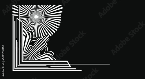 Decorative art deco corner border featuring a white starburst fan and geometric line patterns against a solid black background for style.