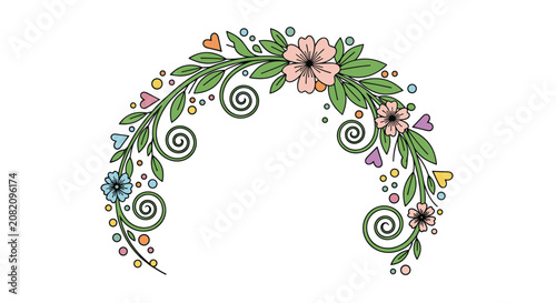 Decorative floral arch with colorful flowers green leaves hearts and swirling vines in a soft hand drawn style for wedding invitations.
