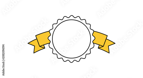 Blank circular badge with a bright yellow ribbon flowing from both sides for use as a prize label or achievement award in graphic designs.