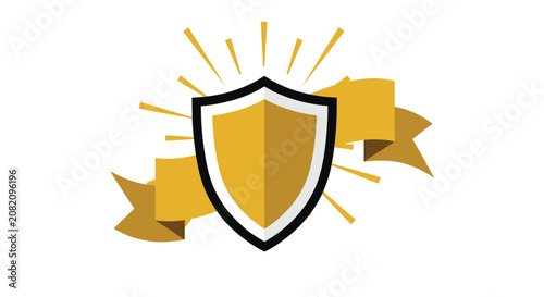 Shield emblem with a golden ribbon and light rays in the background representing protection safety and high quality award certification icons.