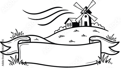 black and white illustration of a windmill and house on a hill with a banner