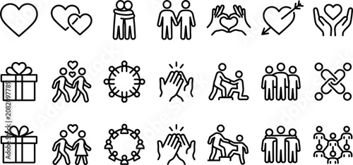 Canvastavla Black line icons of people and hearts