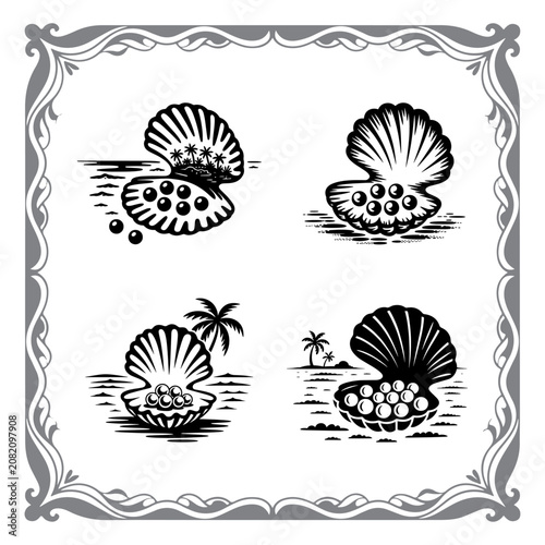 Black and White Vintage Seashell Illustration Set with Ornamental Border