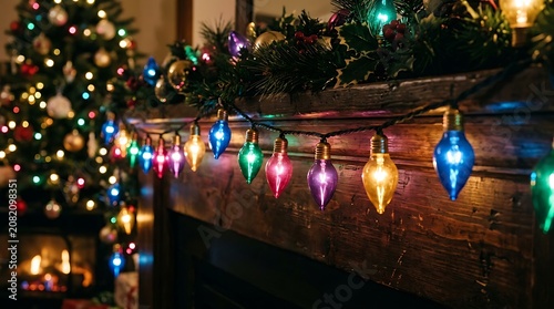 Colorful Christmas lights hanging on a wooden fireplace mantel illustration
