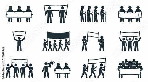 Protest icons: People with banners, flags, megaphones, marching in demonstration
