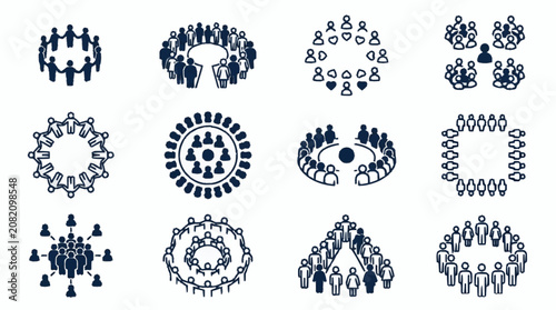 Teamwork icons: Diverse group formations, collaboration, unity, and teamwork concepts