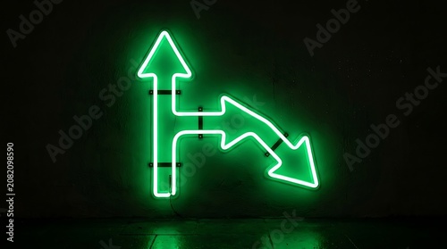 Green neon arrow sign showing forward and turning directions illustration
