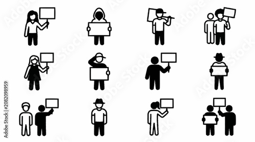 Cuadro en lienzo Protest Icons: People Holding Signs for Demonstration, Activism, and Social Issu