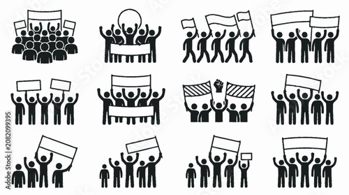 Quadro su tela Protest Crowd Icons: People Marching with Banners and Flags, Demonstration Symbo