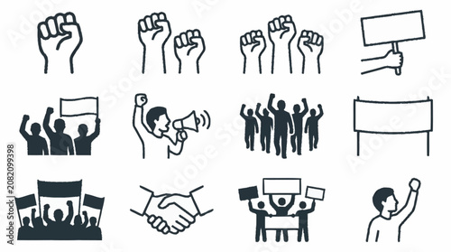 Foto Protest Icons: Raised Fists, Signs, Megaphone, Crowd, Banner, Handshake