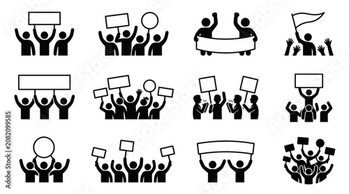 Protest Icons: Crowd Holding Signs, Banners, and Flags