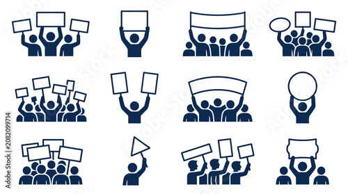 Protest Crowd Icons: People Holding Signs, Banners, and Placards