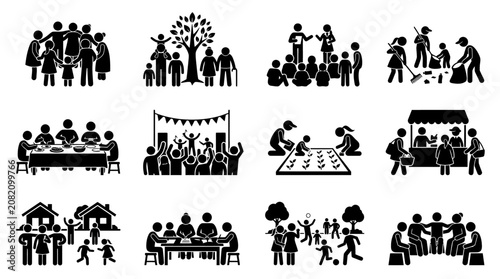 Diverse Family and Community Activities Icons Set