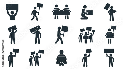 Protest Icons: People Holding Signs, Demonstrating, Gathering, Marching, Social Activism Symbols
