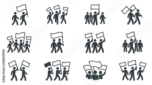 Protest Icons: Group of people with flags, rally, demonstration symbols