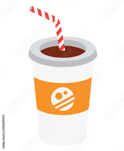 Soft drink paper cup with straw illustration, fast food cold beverage icon