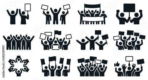 Fotografie Protest Crowd Icons: Demonstrators with Signs and Banners, Activism Symbols