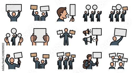 Foto Group Protest Icons: Demonstrators Holding Signs, Chanting, and Marching