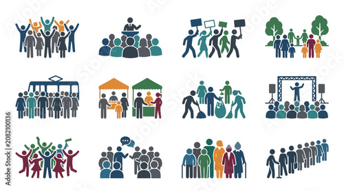 Photos Diverse Crowd Icons: Protest, Rally, Bus, Market, Concert, Community Gathering