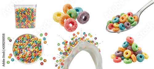 Colorful cereal ring set including bowl, spoon, container, milk splash and scattered breakfast loops isolated on transparent background