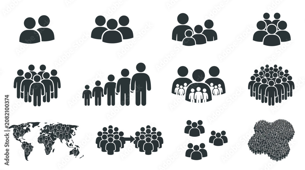 Fototapeta premium People Icons Set: Group, Crowd, Team, Community, World Map, Abstract Shapes