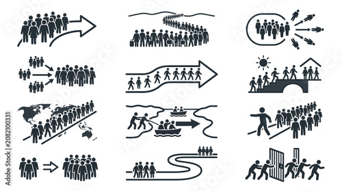 Foto Human Migration Icons: Journey, Crowd, Movement, Global Travel, Refugees, Immigr