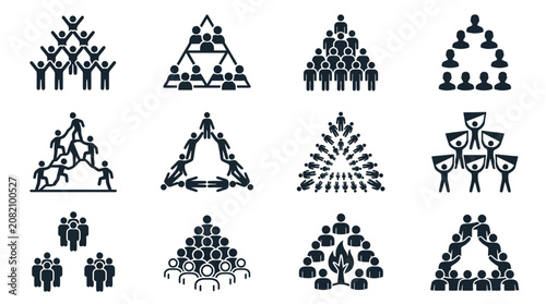 Teamwork pyramid icons: hierarchy, collaboration, success, business organization, strategy, leadership
