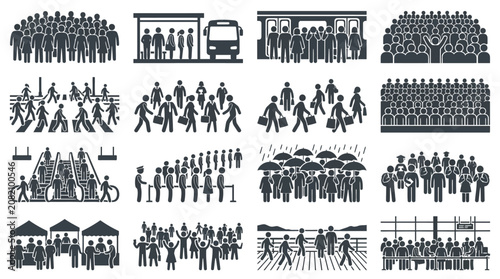 Crowd Silhouettes: Diverse People in Various Public Transport and Social Scenes
