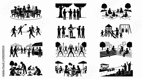 Diverse People Enjoying Outdoor Activities in a Park and City Scenes