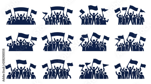 Foto Crowd Silhouette with Flags and Banners - Protest, Rally, Celebration Icons