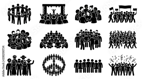 Diverse Crowd Icons: People Gathering, Protesting, Celebrating, Concert, Community, Unity