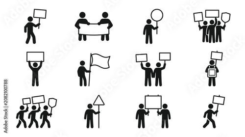 Protest Icons: People demonstrating with signs, banners, and flags - illustration