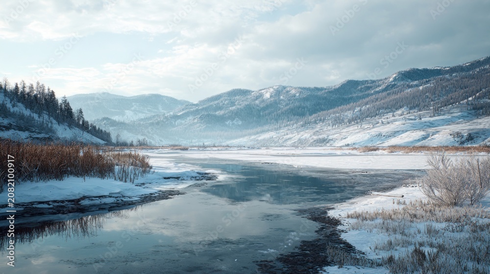 Fototapeta premium A serene winter landscape with a frozen river and snow-covered hills,