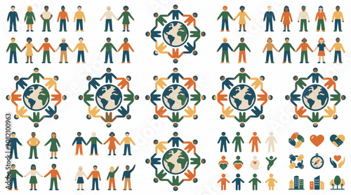 Patterns of people holding hands around the world globe.