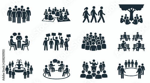 Diverse Group People Icons Set: Meeting, Protest, Community, Discussion, Celebration