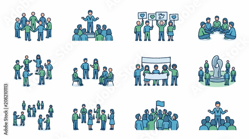 Diverse Group Meeting, Discussion, Protest, and Teamwork Icons - Vector Art