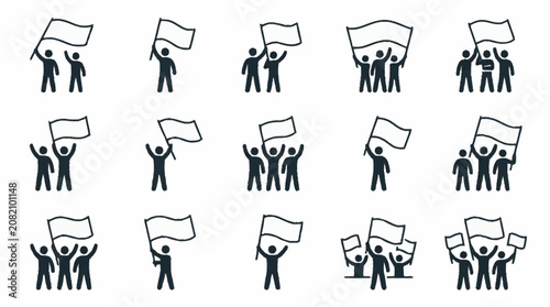 Protest Crowd Icons: People Holding Flags for Demonstration, Rally, and Movement